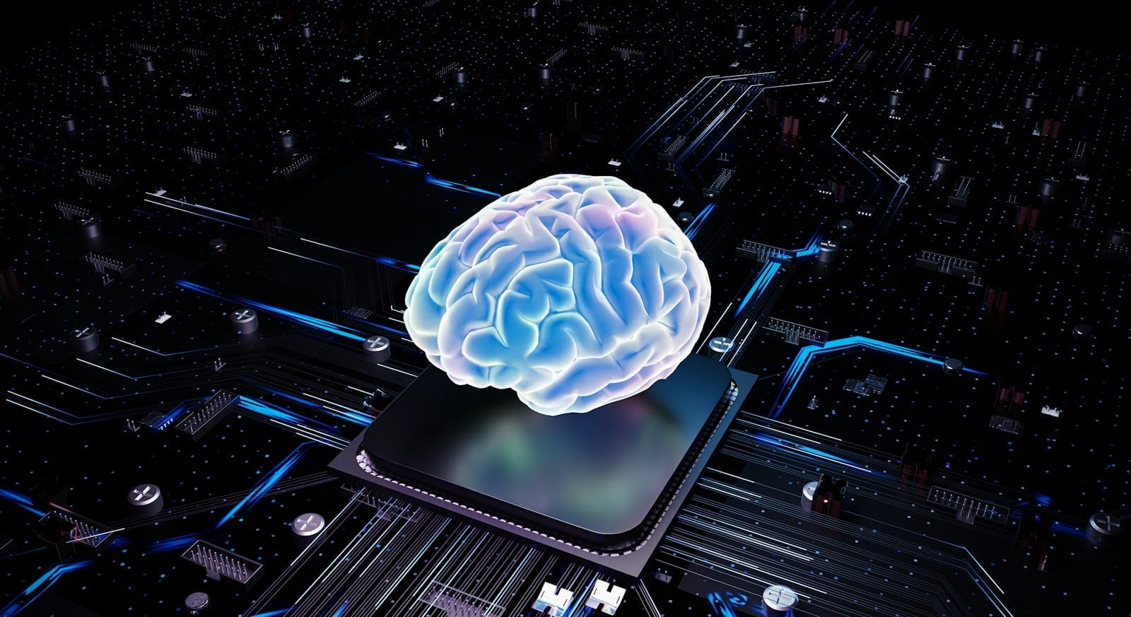 Glowing AI brain over a CPU representing artificial intelligence