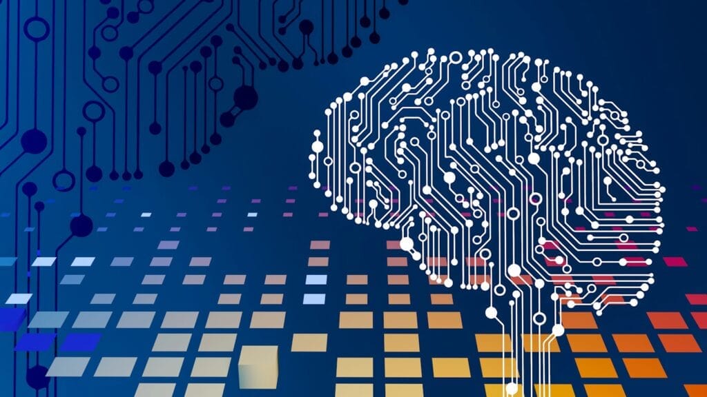 Circuit board brain representing AI strategy