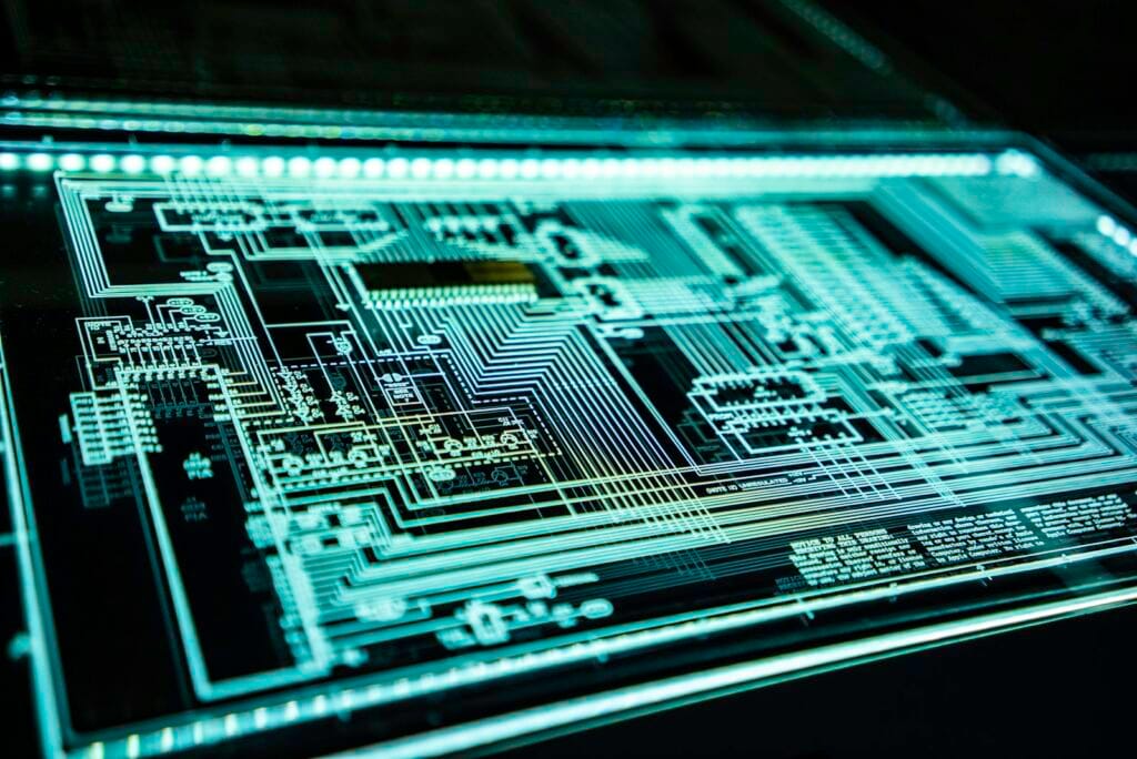Glowing teal circuit panel representing AI operations